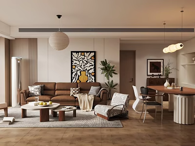 Warm Modern Living And Dining Room Interior With Brown Sofa Coffee Table And Pendant Lights 3d model