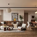 Warm Modern Living And Dining Room Interior With Brown Sofa Coffee Table And Pendant Lights