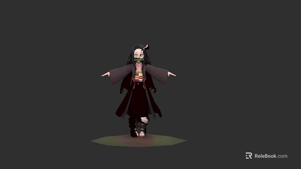 Woman in Dark Kimono with Green Accents Bandages and Arms Outstretched in Traditional Anime Outfit 3d model 