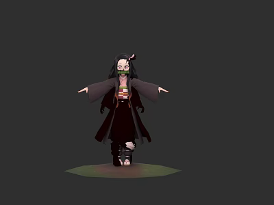 Woman in Dark Kimono with Green Accents Bandages and Arms Outstretched in Traditional Anime Outfit 3d model