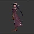 Western Style Female Character In Purple Coat Red Vest With Holster Standing Pose