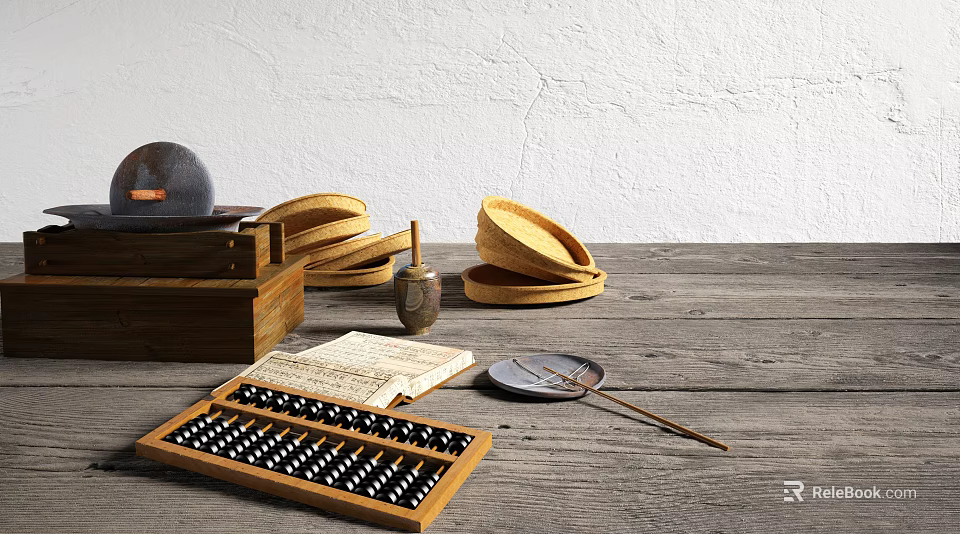 Vintage Daily Living Supplies With Wooden Abacus Hats Box Fan And Old Papers 3d model 