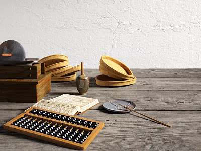 Vintage Daily Living Supplies With Wooden Abacus Hats Box Fan And Old Papers 3d model
