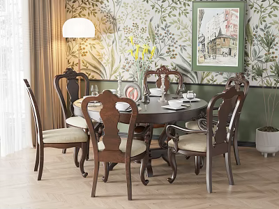 Elegant Modern Dining Table Set with Round Wooden Table Beige Upholstered Chairs and Floral Wallpaper 3d model