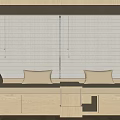 Modern Wooden Banquette Sofa With Beige Cushions Small Coffee Table And Large Windows City View