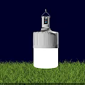 Bright White LED Bulb Hanging Over Green Grass Illuminated At Night