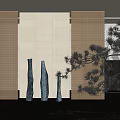 Three Dark Vertical Sculptures With Perforated Wall Background Soft Lighting And Metal Pine Decoration