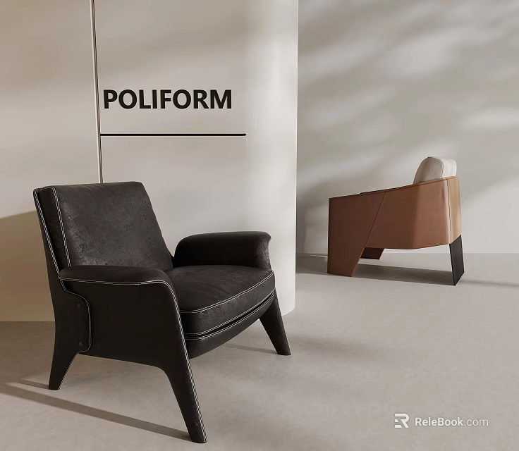 Modern Poliform Leisure Chair In Black Leather With Brown Accent Chair Interior Design 3d model 