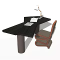 Modern Black Wooden Desk With Adjustable Lamp Curved Chair And Open Notebook On Surface