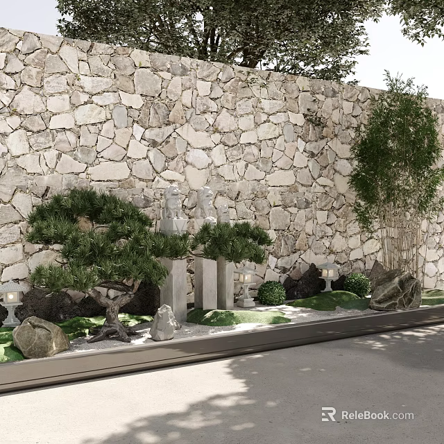 Traditional Garden Ornaments With Stone Wall Miniature Pine Trees Stone Lanterns Small Statues And Grass 3d model 