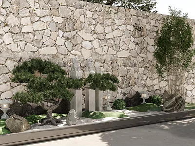 Traditional Garden Ornaments With Stone Wall Miniature Pine Trees Stone Lanterns Small Statues And Grass 3d model