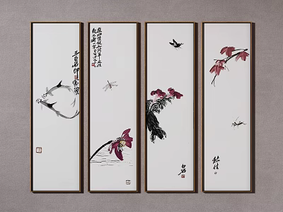 Four Panel Traditional Chinese Scroll Paintings with Lotus Flowers Dragonflies Birds and Calligraphy 3d model