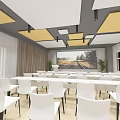Spacious Conference Room With White Chairs Geometric Wall Design And Ceiling Panels