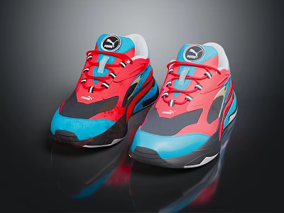 PUMA Red And Blue Lace Up Athletic Sneakers With Retro Modern Streamlined Design 3d model