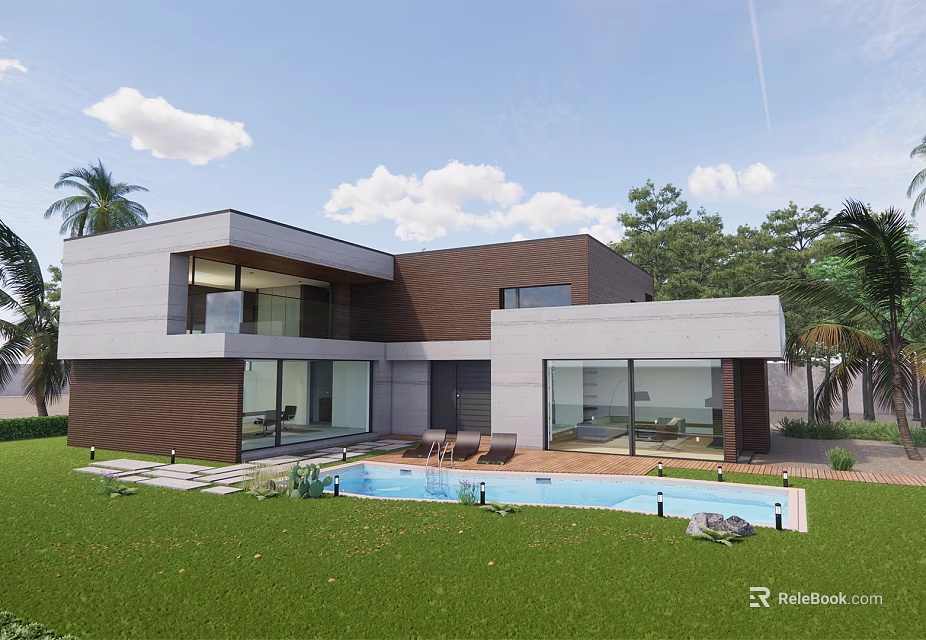 Modern Detached Villa Exterior with Swimming Pool Lush Lawn Large Windows and Trees 3d model 