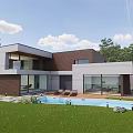 Modern Detached Villa Exterior with Swimming Pool Lush Lawn Large Windows and Trees