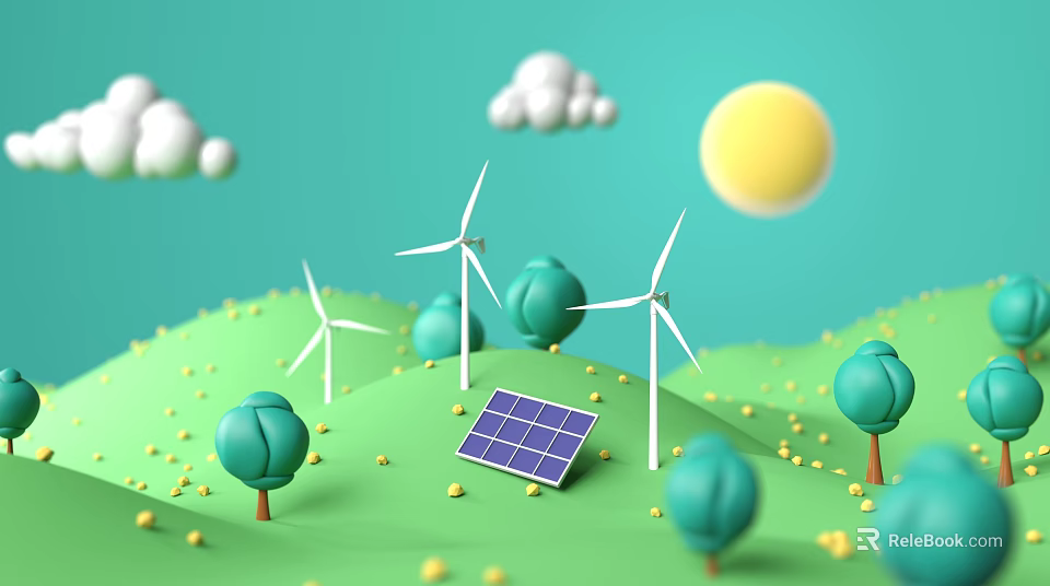 Eco Friendly Children's Play Area With Wind Turbines Solar Panels And Green Hills 3d model 
