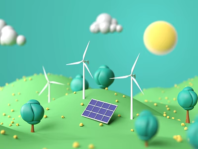 Eco Friendly Children's Play Area With Wind Turbines Solar Panels And Green Hills 3d model