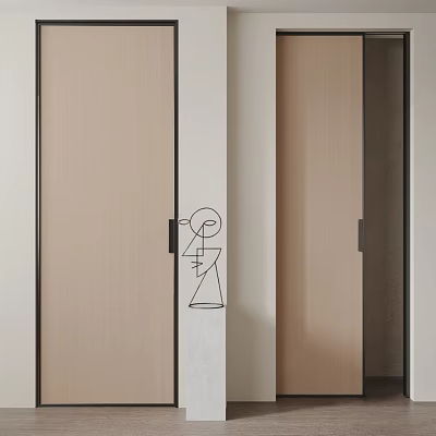 Modern Sleek Wooden Sliding Door With Black Frame For Interior Space 3d model