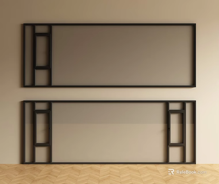 Modern Floor to Ceiling Windows with Black Frame and Light Colored Wall Wooden Floor 3d model 