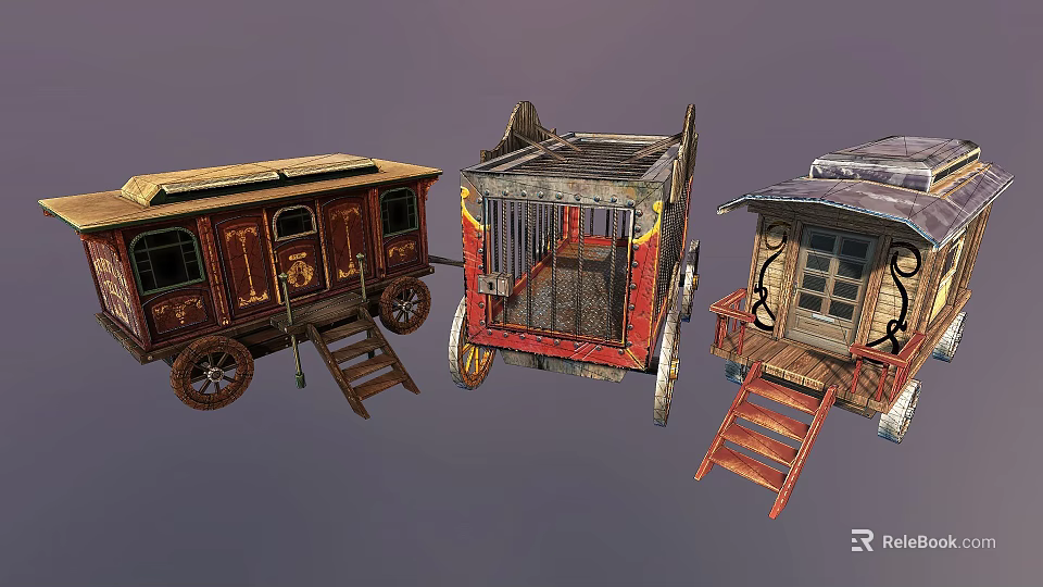 Vintage Horse-Drawn Carriages with Ornate Woodwork Decorative Windows Staircases and Various Roof Designs 3d model 