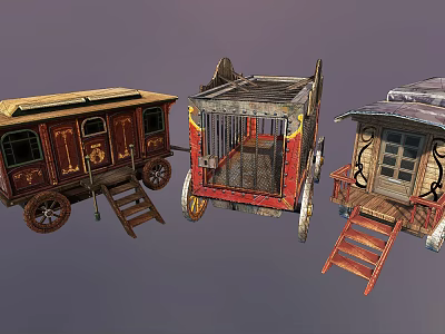 Vintage Horse-Drawn Carriages with Ornate Woodwork Decorative Windows Staircases and Various Roof Designs 3d model