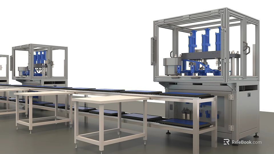Industrial Equipment With Metal Frames Blue Components And Automated Production Line 3d model 