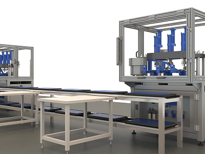 Industrial Equipment With Metal Frames Blue Components And Automated Production Line 3d model