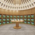 Ethnic Interior With Round Dome Wooden Structure Decorative Grassland Cow Paintings Wheel Seats And Table