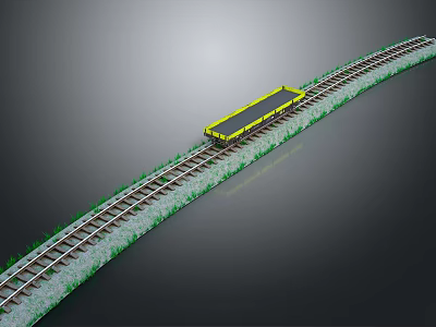 Yellow Flatbed Train Moving Along Railway Track With Green Grass And Gravel 3d model