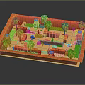 Miniature Tropical Scene With Palm Trees Brick Walls Small Buildings And Paths