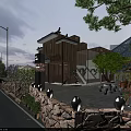 Traditional Modern Boutique Guesthouse Exterior With Wooden Facade Stone Wall And Courtyard Greenery