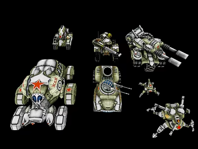 Military Tank Characters And Robotic Creatures With Green Armor Red Star And Cannons 3d model