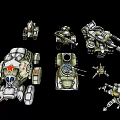Military Tank Characters And Robotic Creatures With Green Armor Red Star And Cannons