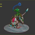 Game Fantasy Character In Helmet Riding Pink Pig With Blue Hammer And Icy Base
