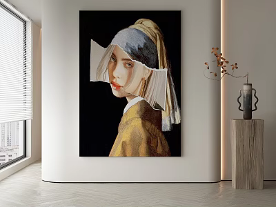 Abstract Painting of Girl with Pearl Earring and White Geometric Shapes on Dark Background Wall Art 3d model