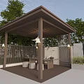 Outdoor Covered Pavilion With Wooden Roof Lighting Table Stools Green Plants And Fence