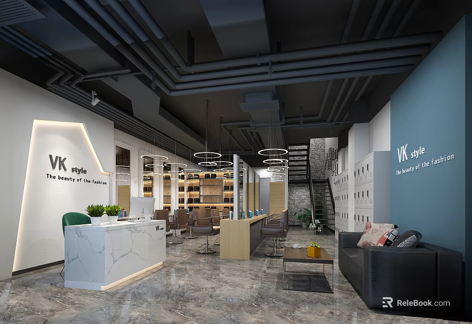 Modern Beauty Hair Salon Interior With Styling Chairs Reception Counter And Sofa Area 3d model 