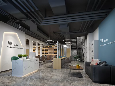 Modern Beauty Hair Salon Interior With Styling Chairs Reception Counter And Sofa Area 3d model