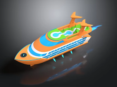 Orange Cosmic Spaceship With Green Cockpit Blue Stripes And Jet Flames 3d model