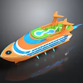 Orange Cosmic Spaceship With Green Cockpit Blue Stripes And Jet Flames