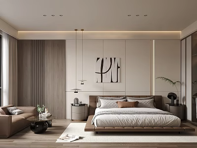 Modern Bedroom Interior Design With Wooden Walls Bed Wall Art Sofa Plant And Rug 3d model