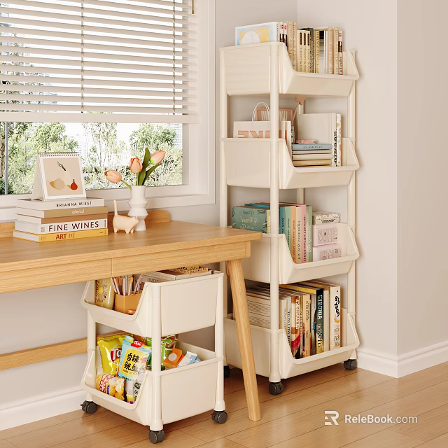 Wooden Desk with Bookshelf Books Vase Photo Frame Drawer Stationery Snacks and Window Blinds 3d model 