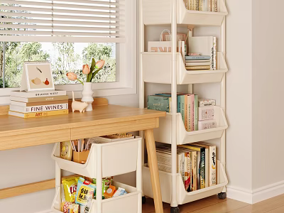 Wooden Desk with Bookshelf Books Vase Photo Frame Drawer Stationery Snacks and Window Blinds 3d model