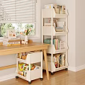 Wooden Desk with Bookshelf Books Vase Photo Frame Drawer Stationery Snacks and Window Blinds