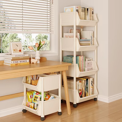 Wooden Desk with Bookshelf Books Vase Photo Frame Drawer Stationery Snacks and Window Blinds 3d model