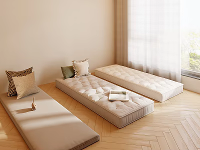 Minimalist Room With Wooden Floor Three Long Mattresses Cushions And Sunlit White Curtains 3d model