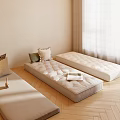 Minimalist Room With Wooden Floor Three Long Mattresses Cushions And Sunlit White Curtains