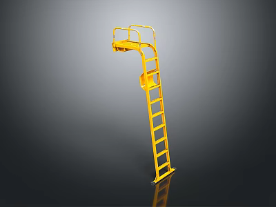 Sturdy Industrial Yellow Ladder With Safety Platform And Steel Rails 3d model