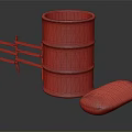 Rustic Wooden Barrel Next to Fence with Cloth Bag on Dark Surface